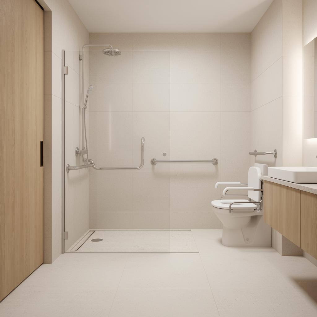 Salle de bain avec douche accessible à l'italienne, barre d'appui et siège de douche