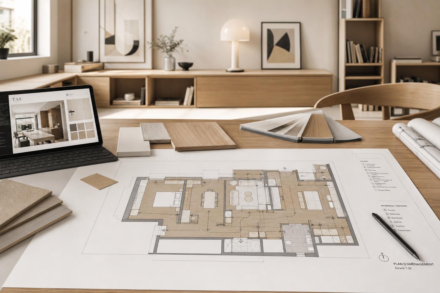 Plan d'aménagement 2D pour optimiser circulation, rangements et fonctionnalités d'un intérieur