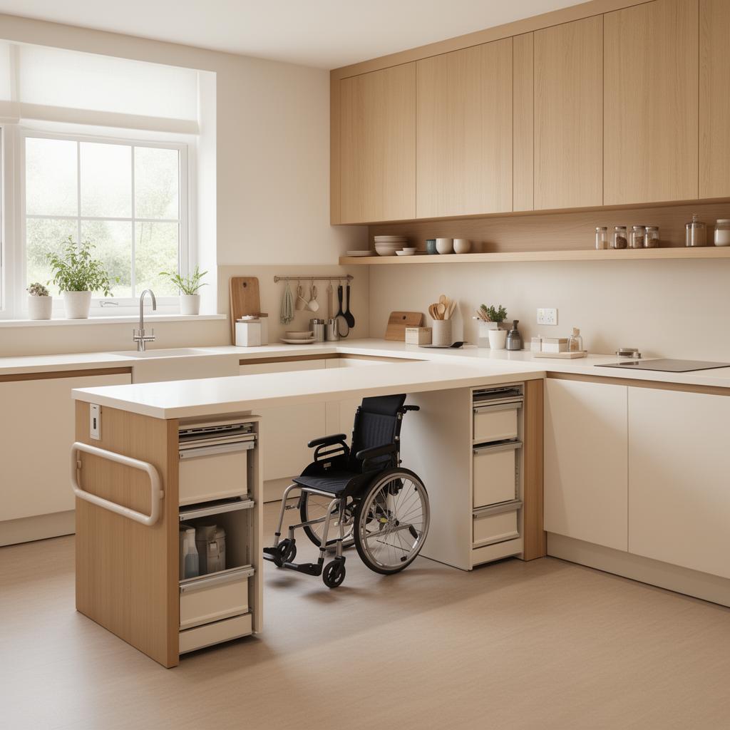 Cuisine adaptée PMR avec plan de travail accessible et rangements ergonomiques