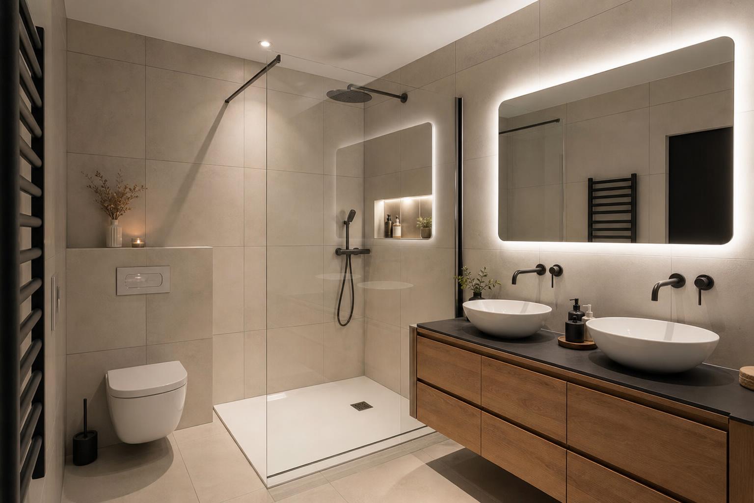 Visuel 3D réaliste d'une future salle de bain pour valider implantation, matériaux et ambiance