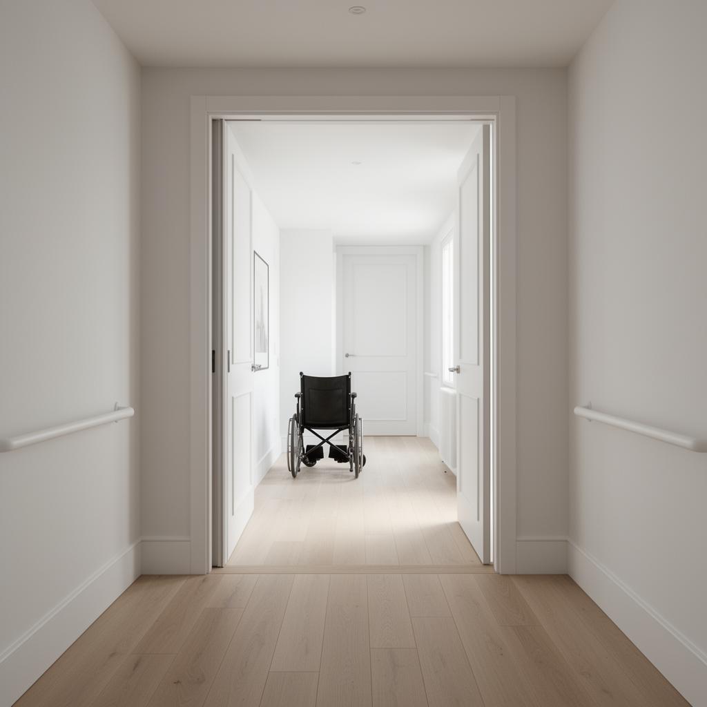 Couloir élargi et passage accessible pour fauteuil roulant ou déambulateur
